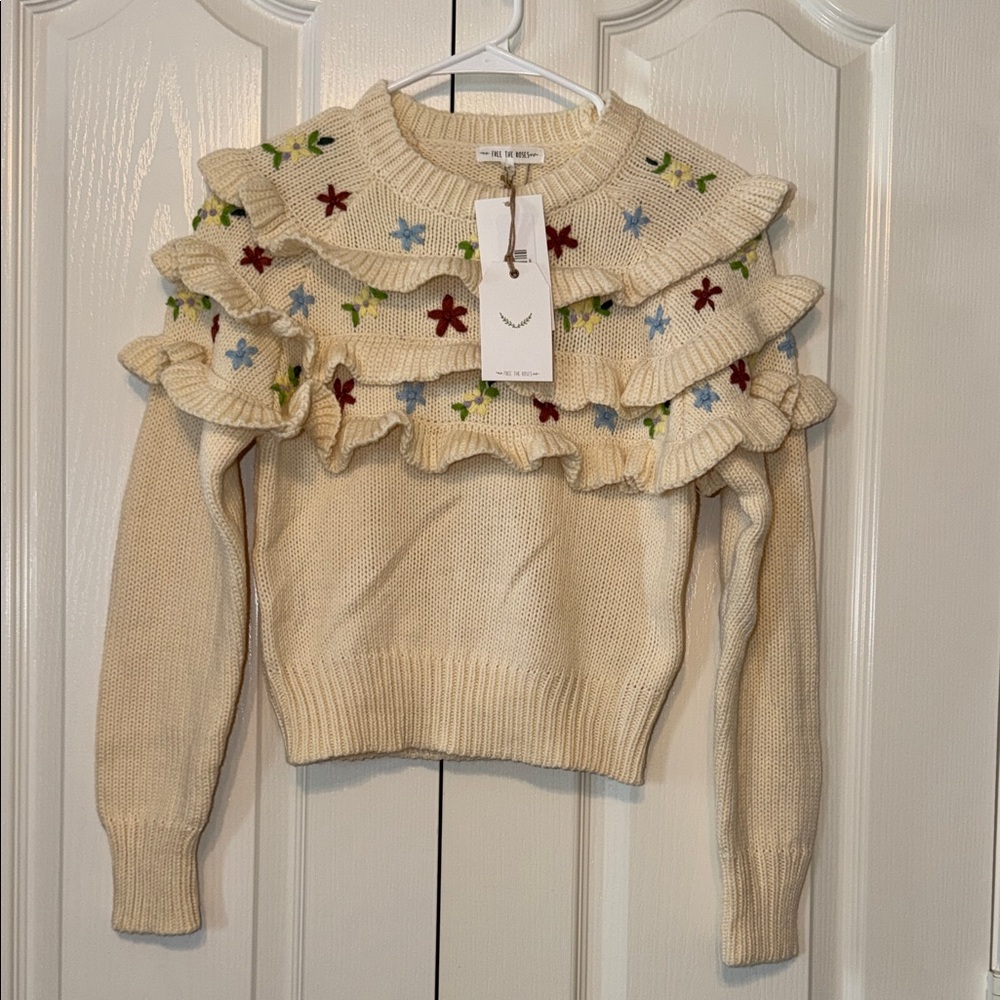 Free the Roses Floral Handmade Embroidery Ruffle Detail Sweater Size XS NWT